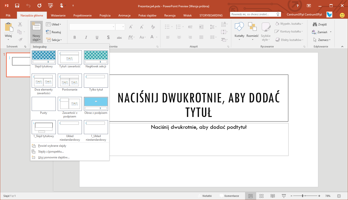 Stosowanie szablonu w PowerPoint 2016