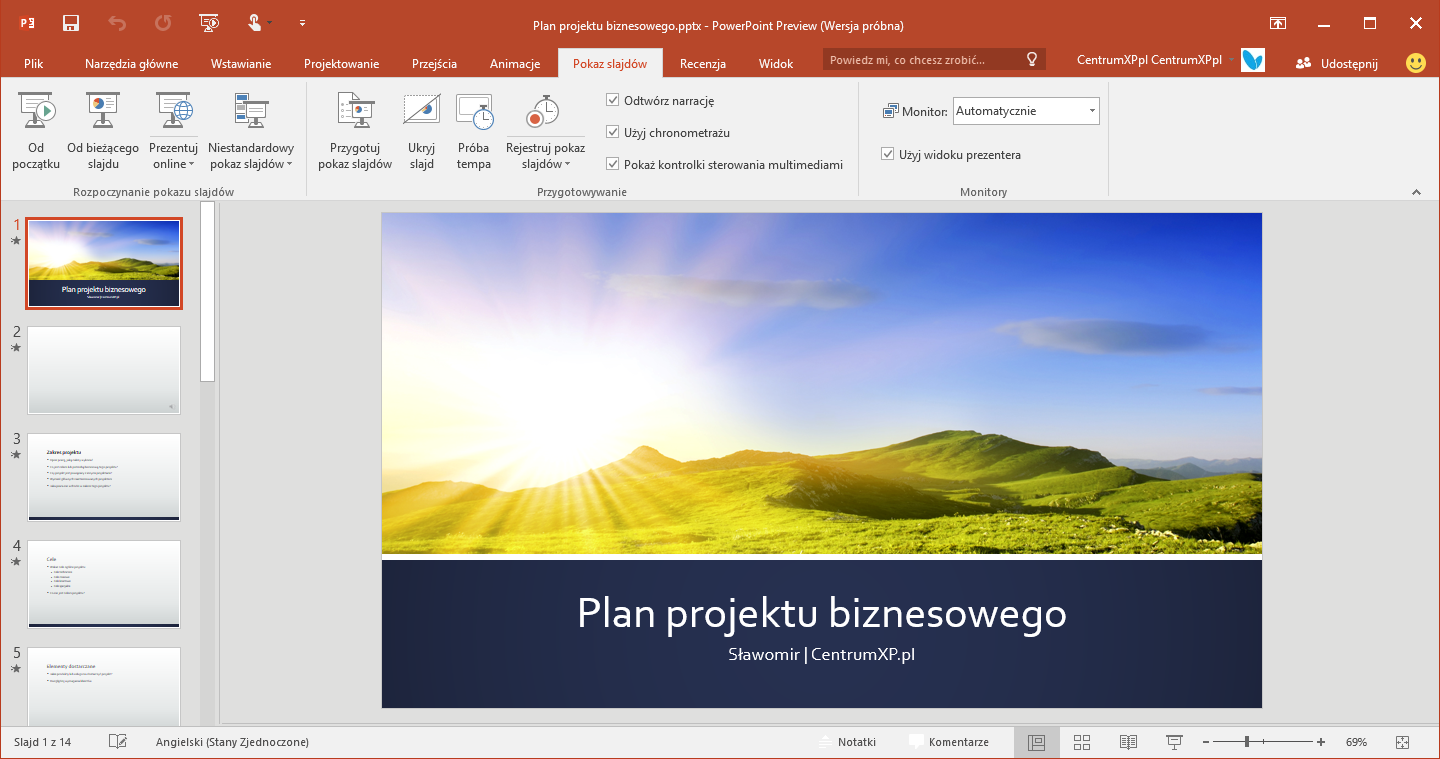 Uruchamianie widoku prelegenta w PowerPoint 2016