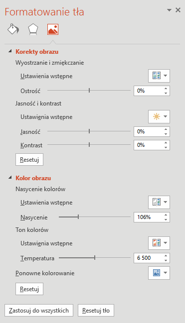 Formatowanie parametrów obrazu tła w aplikacji PowerPoint 2016