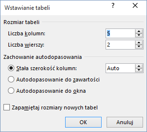 Wstawianie tabeli w aplikacji Word 2016