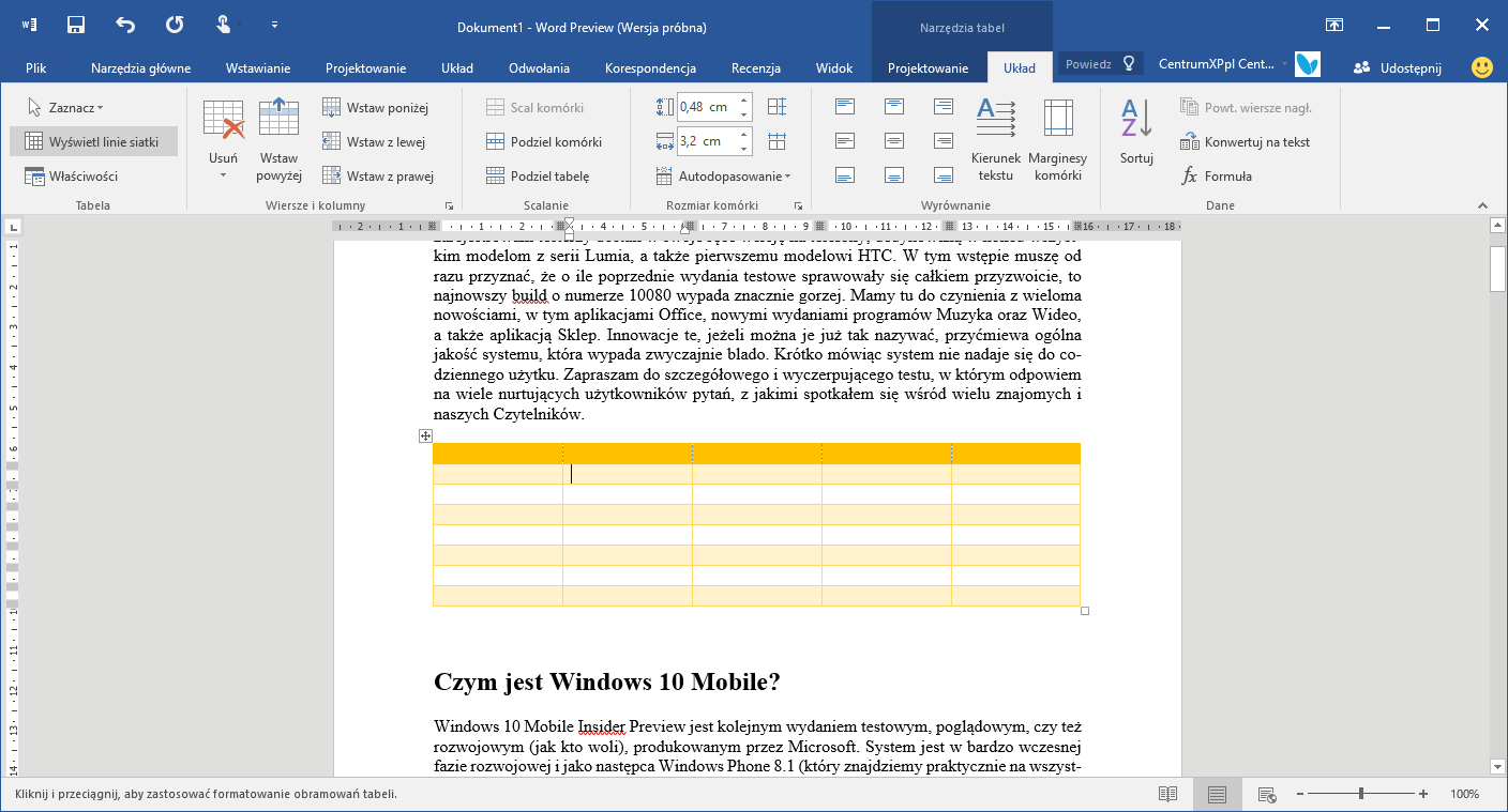 Tabela w aplikacji Word 2016