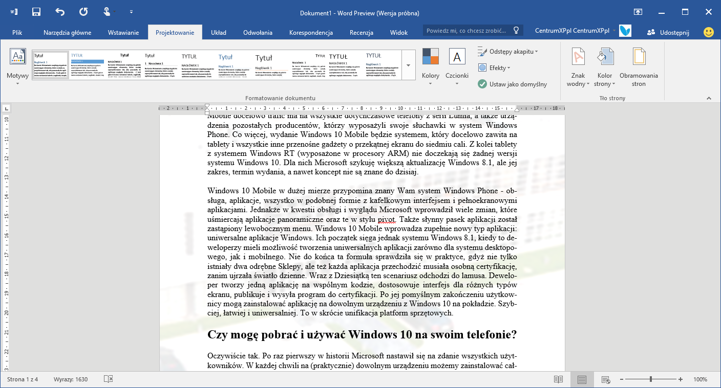 Graficzny znak wodny w aplikacji Word 2016