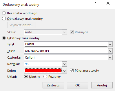 Tekstowy znak wodny w aplikacji Word 2016