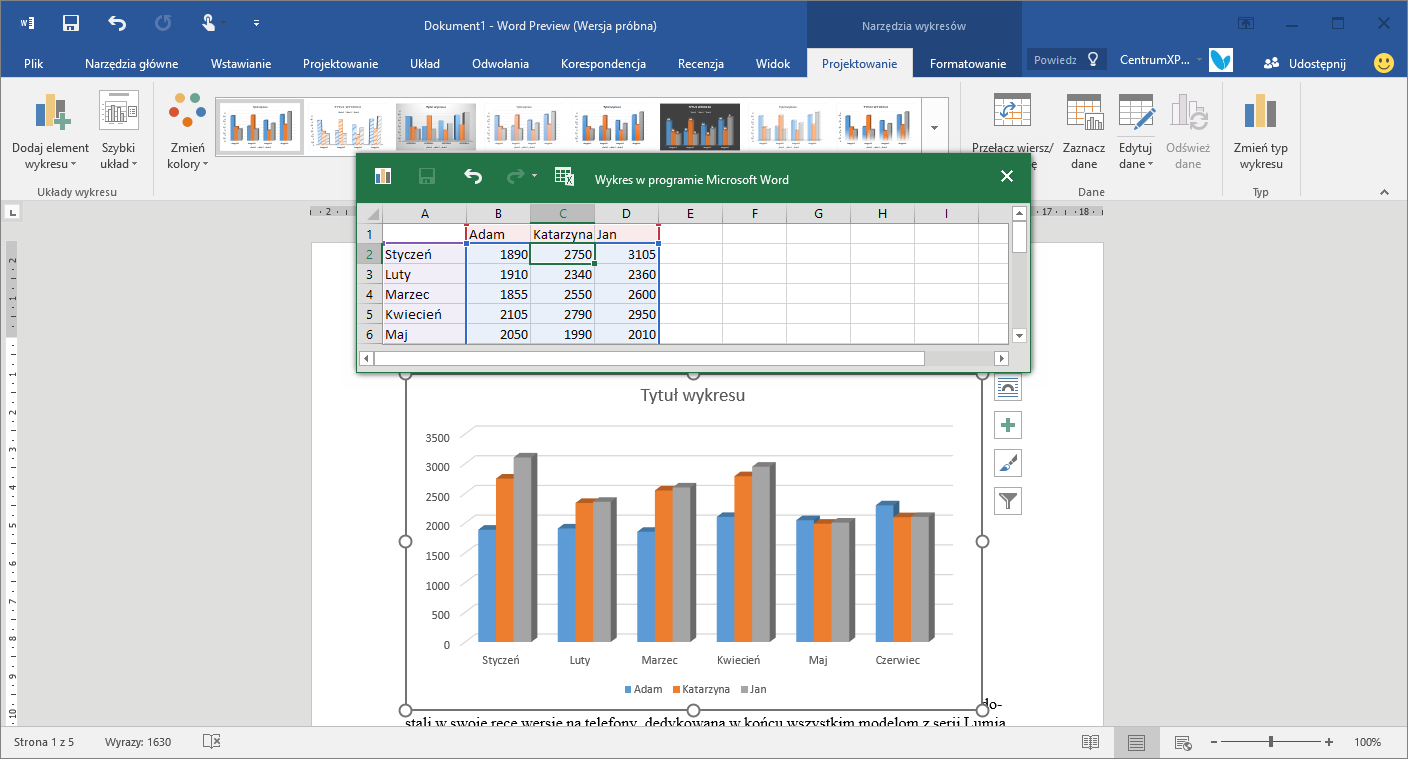 Wstawianie wykresu w aplikacji Word 2016