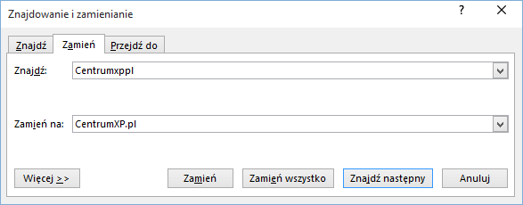 Zmiana konkretnych słów na inne w aplikacji Word 2016