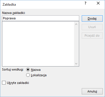 Dodawanie zakładki w aplikacji Word 2016