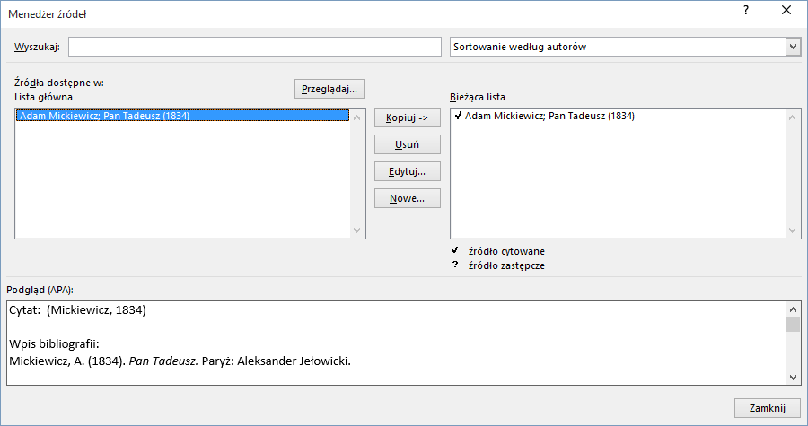 Wykaz źródeł w aplikacji Word 2016