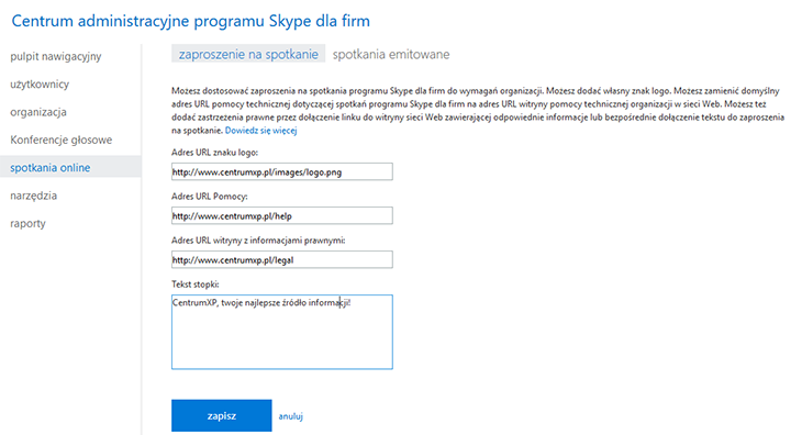 Zaproszenie na spotkanie dostosowywanie Skype dla firm