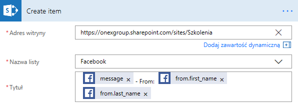 Konfiguracja akcji tworzącej nowy wpis na liście programu SharePoint
