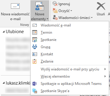 Menu Nowe elementy w kliencie Microsoft Outlook
