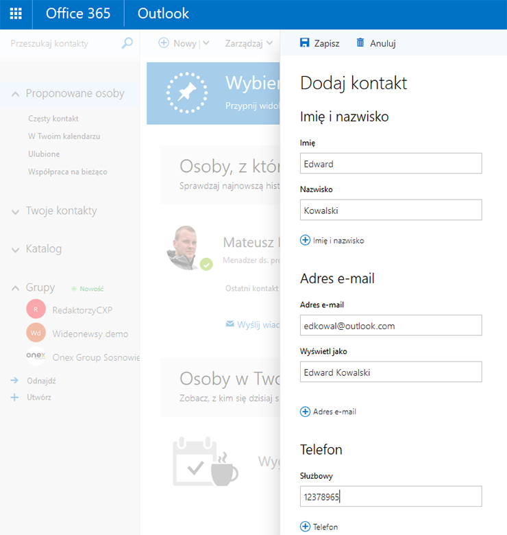 Wypełnianie danych przy tworzeniu nowego kontaktu w Outlooku