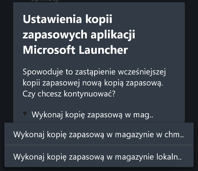 Panel zarządzania kopią zapasową Microsoft Launcher