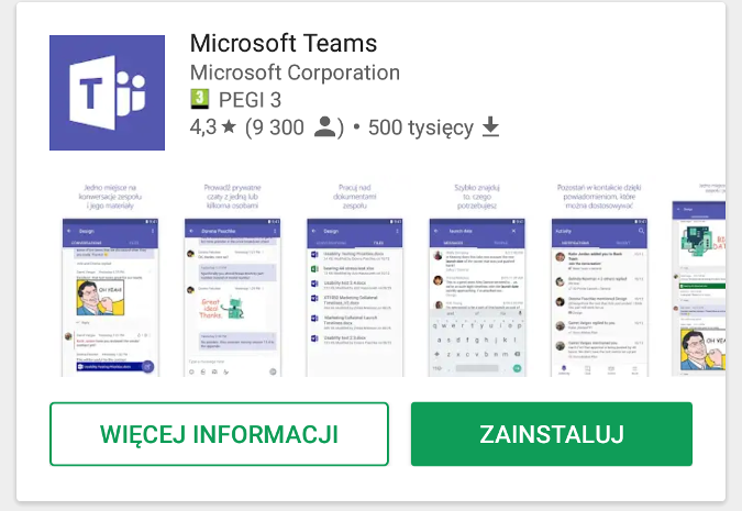 Karta Microsoft Teams w sklepie Google Play
