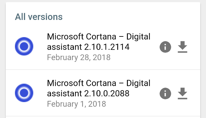 Wersje pakietu instalacyjnego usługi Cortana