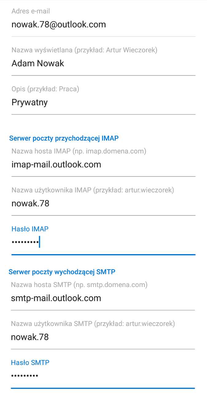 Ustawienia serwerów IMAP i SMTP