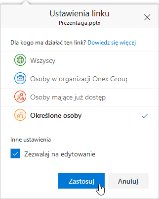Jak udostępnić pliki osobom spoza firmy w OneDrive dla Firm?