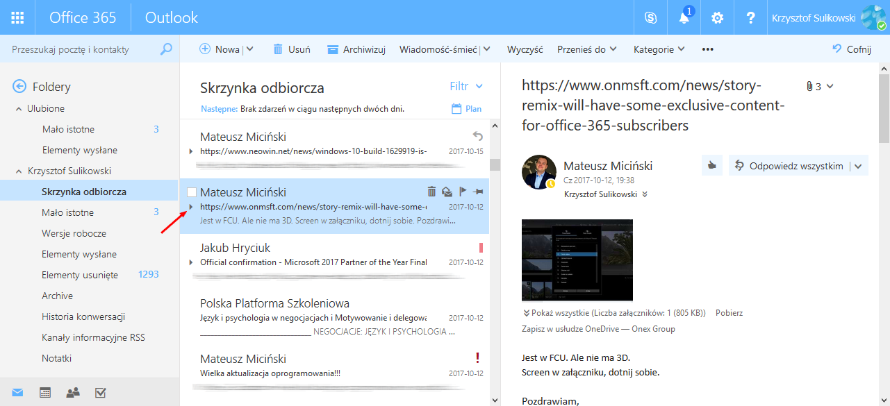 Office 365 - Lista konwersacji w Outlook