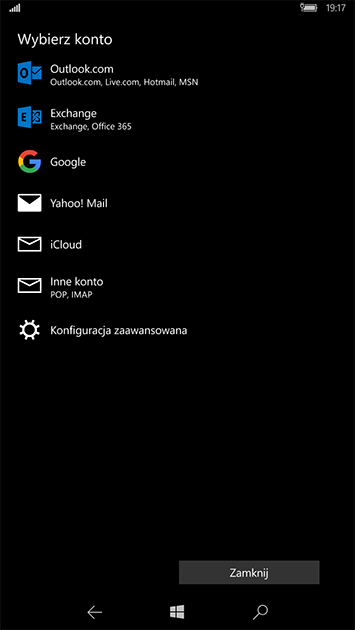 Konfiguracja Exchange w Windows 10 Mobile