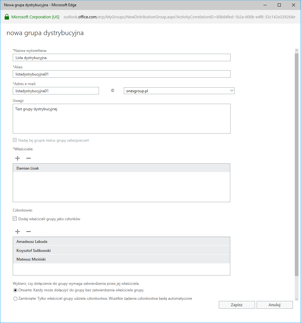 Nowa grupa dystrybucyjna w Outlook