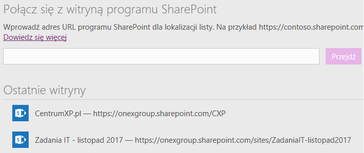 Kreator połączenia z witryną programu SharePoint