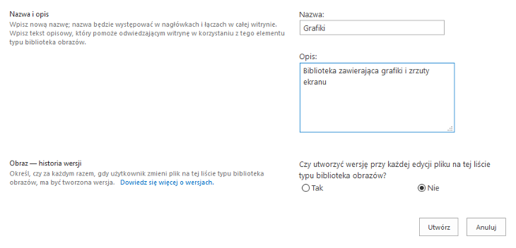 Dodawanie biblioteki obrazów w SharePoint