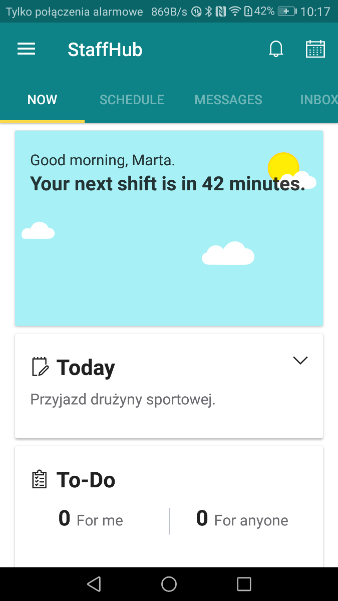 Ekran główny aplikacji mobilnej StaffHub w widoku pracownika