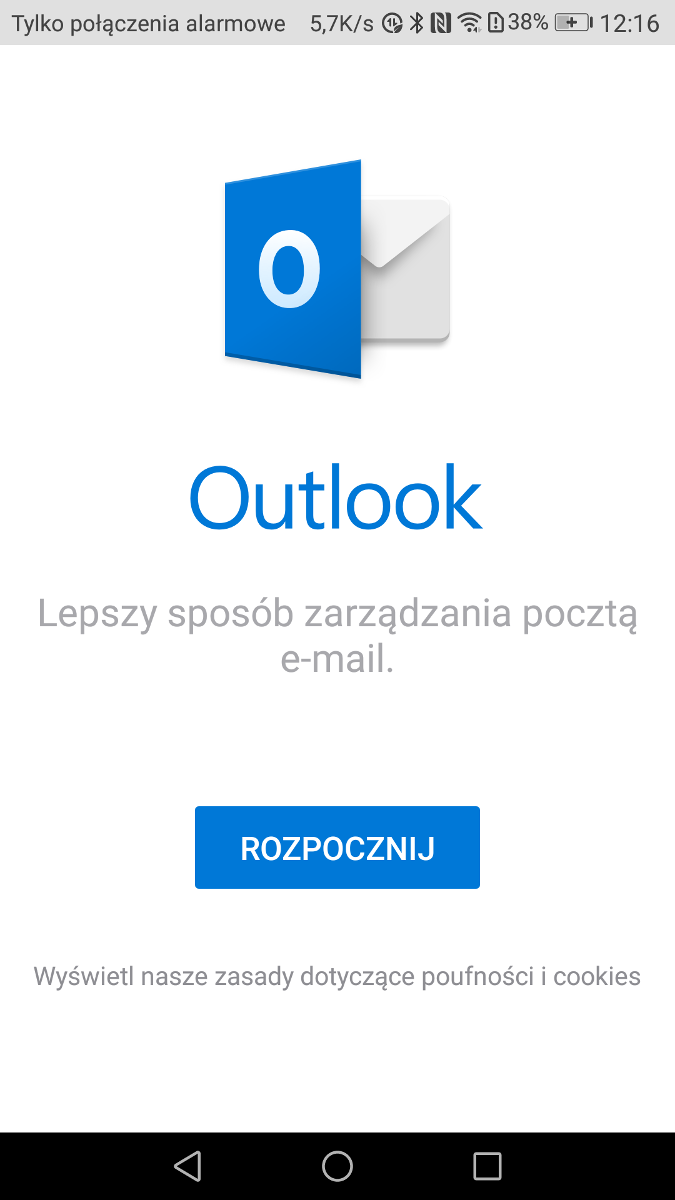 Ekran powitalny aplikacji Microsoft Outlook