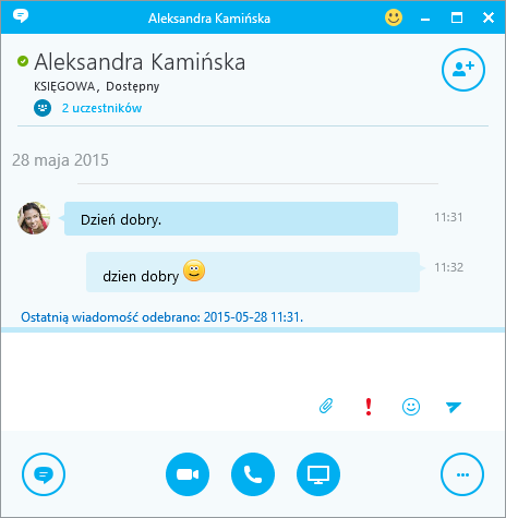 Okno rozmowy tekstowej w Skype dla firm