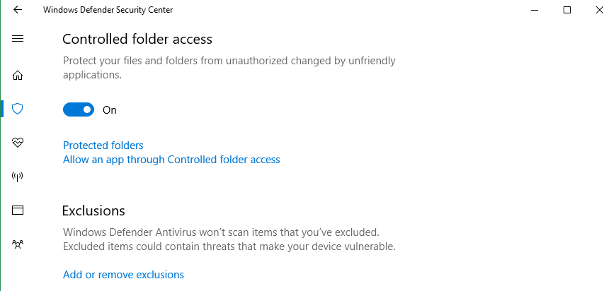 Windows 10 build 16232 - Controlled folder access