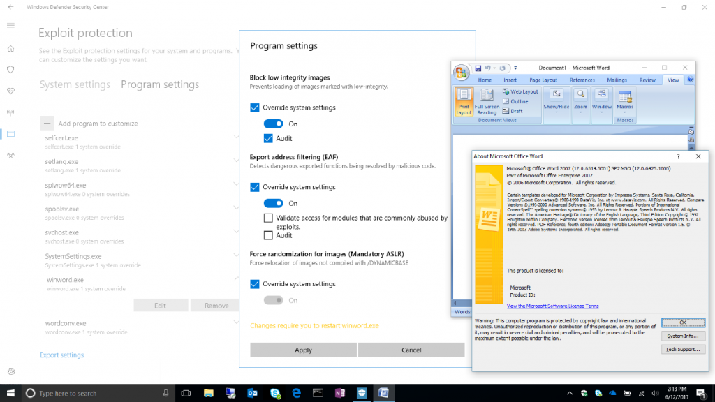 Windows 10 build 16232 - Exploit Protection