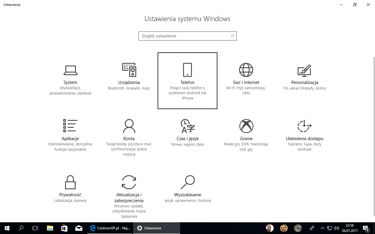 Dodaj telefon - Windows 10 build 16251