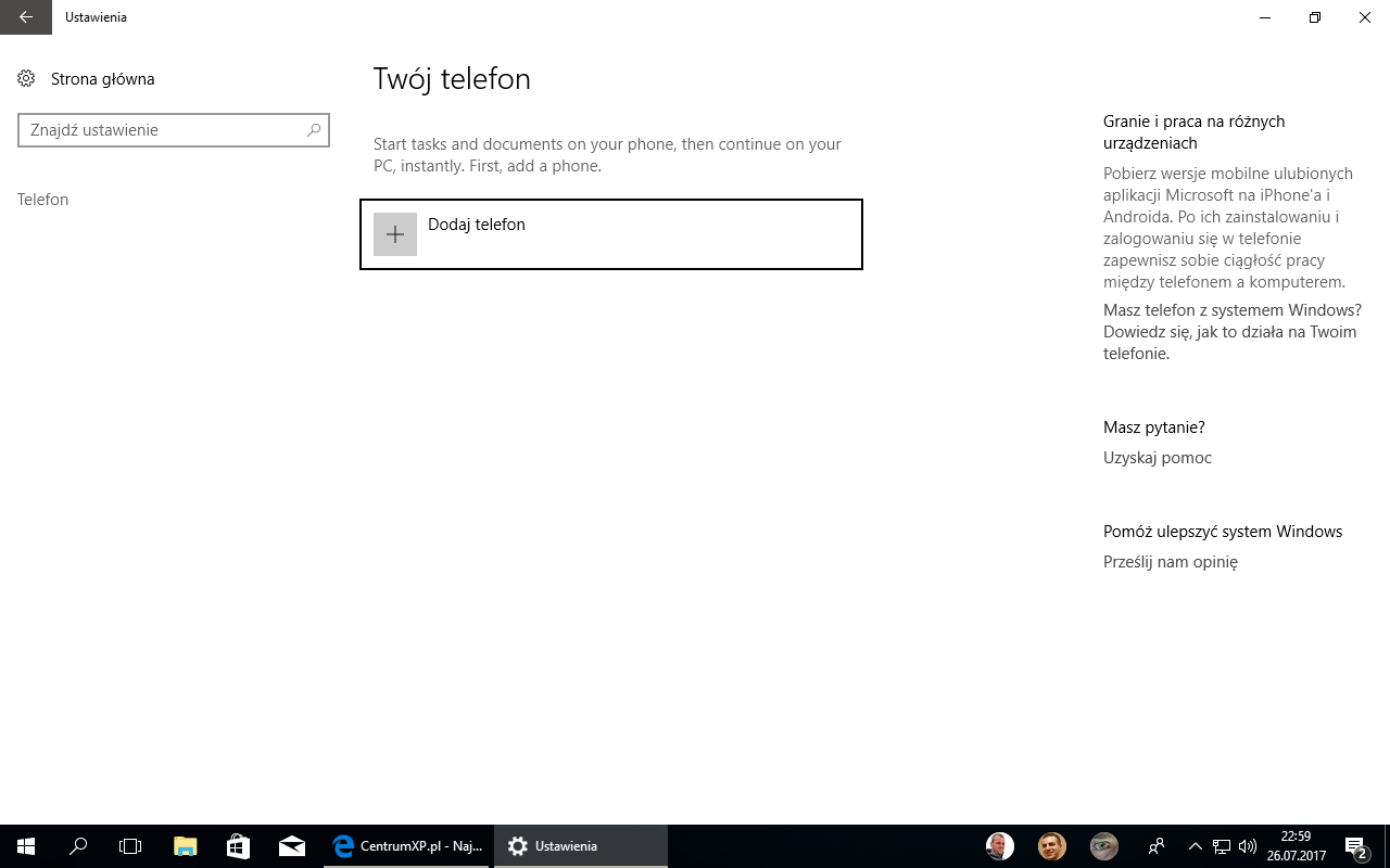 Dodaj telefon - Windows 10 build 16251
