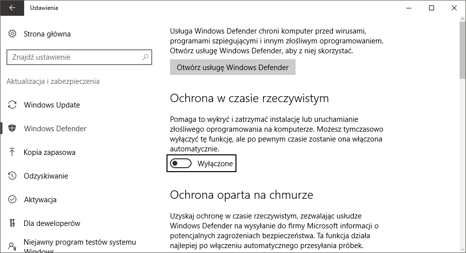 Windows Defender - Ustawienia