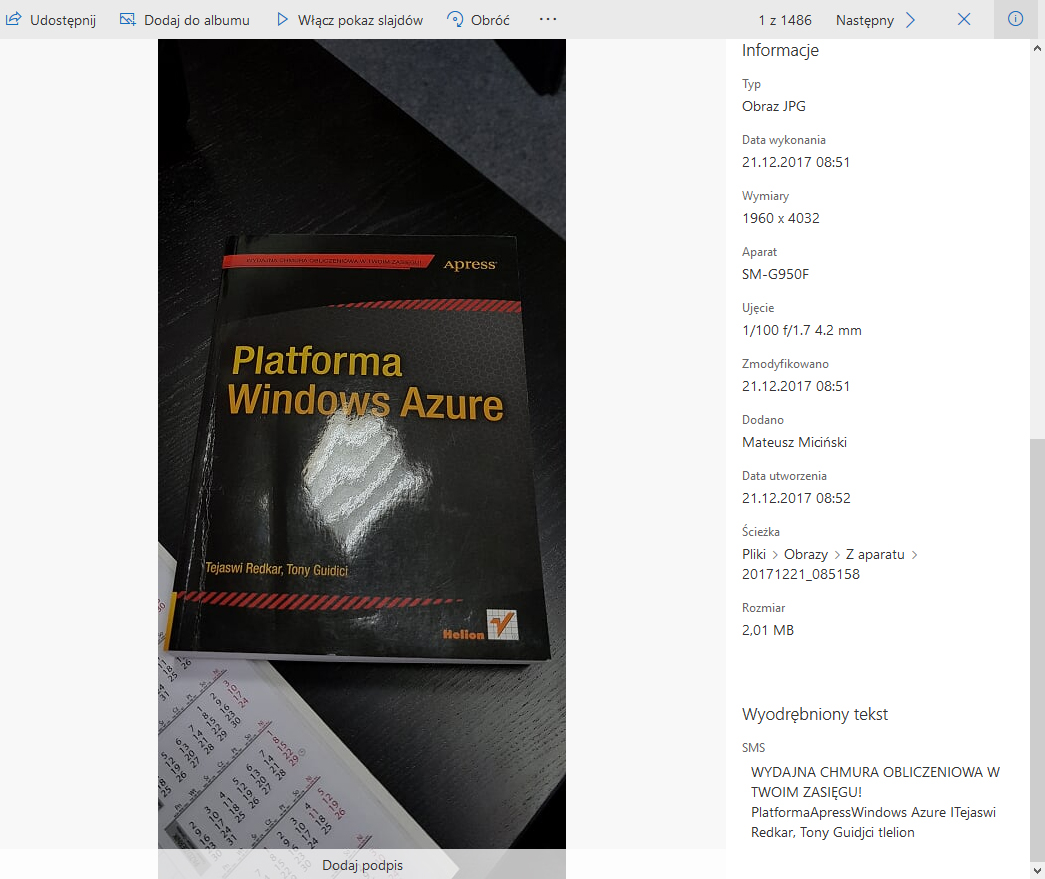 Aplikacja Zdjęcia Windows 10 Fall Creators Update OneDrive OCR