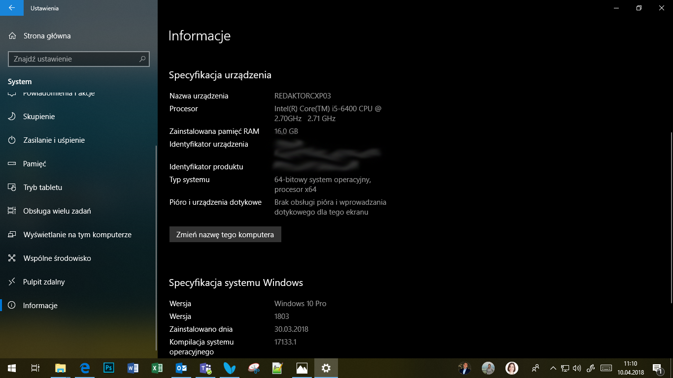 Windows 10 April 2018 Update - Informacje w Ustawieniach