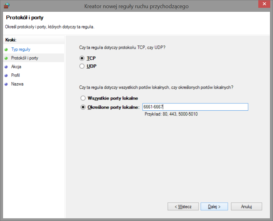 Zapora - kreator reguł - wybór portów
