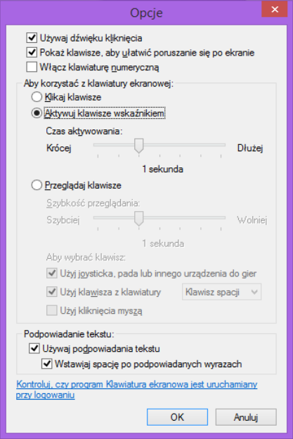 Klawiatura ekranowa - Opcje