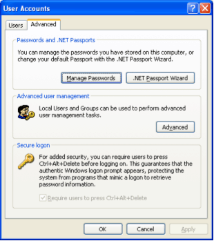 Klasyczny interfejs zarządzania hasłami (komputer oparty na systemie Windows XP Professional funkcjonujący w domenie)