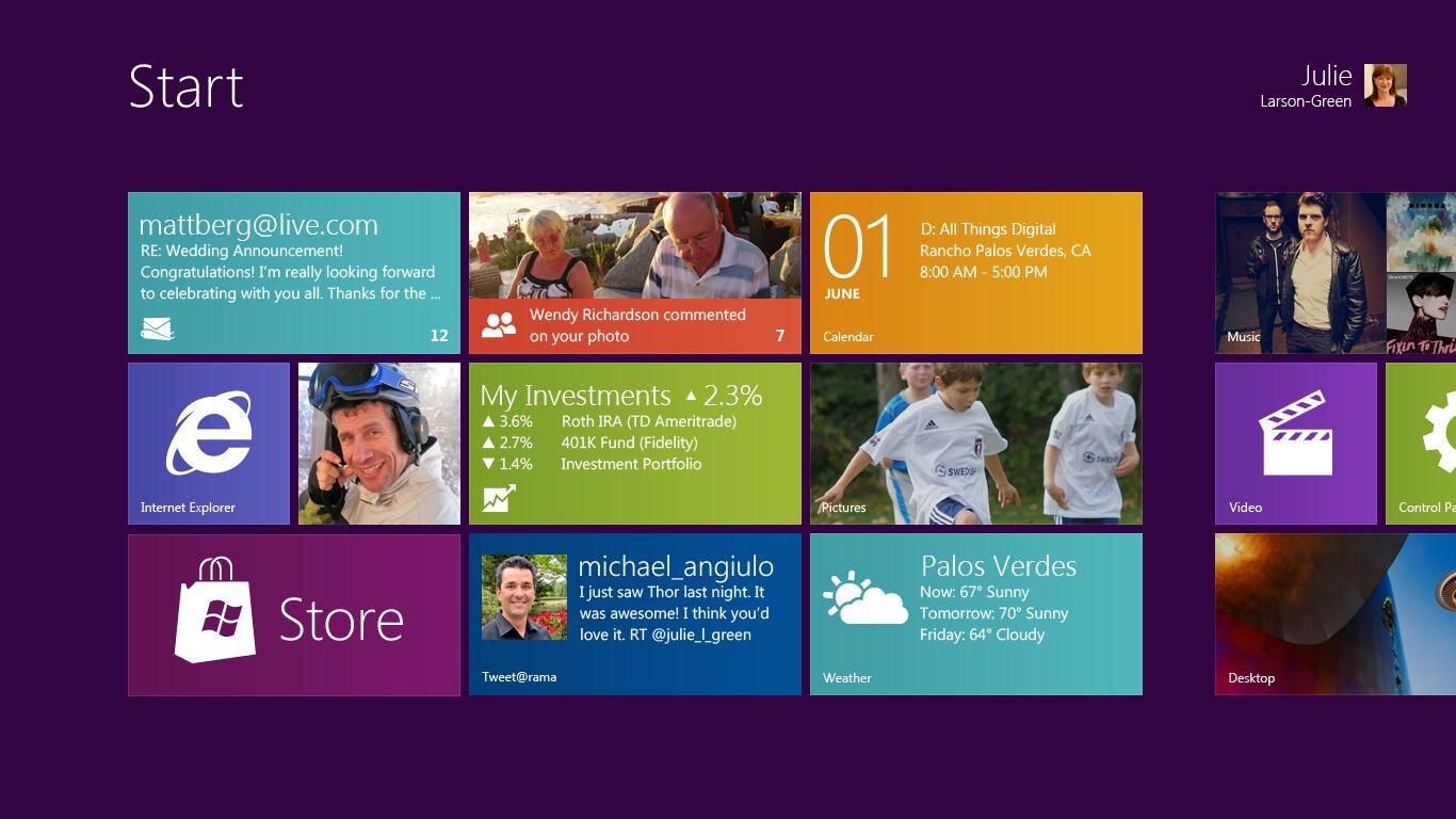 Pierwszy ekran Start interfejsu Metro w Windows 8