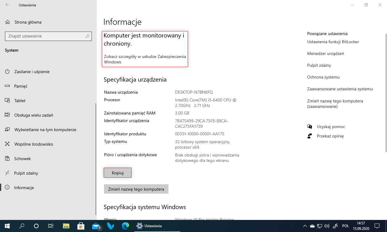 Informacje o systemie Windows 10 20H2