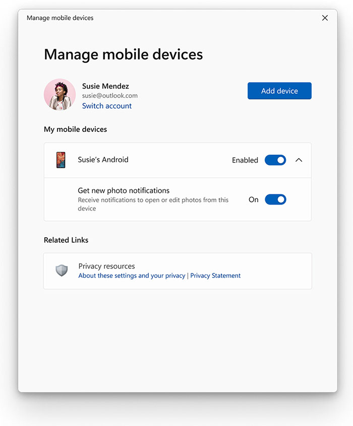 Ustawienia - dostęp do telefonu z Androidem na Windows 11
