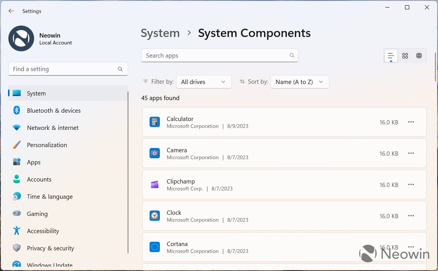 Składniki systemowe w ustawieniach Windows 11 (build 25926 w Canary Channel)