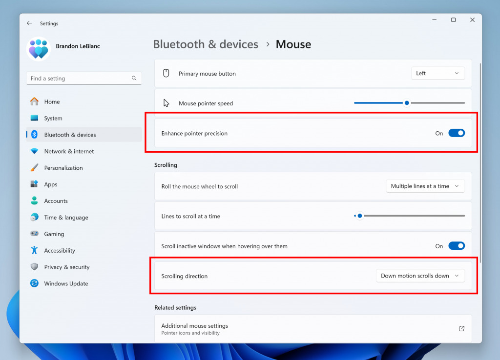 Więcej ustawień myszy w Windows 11 (build 26120.1340 w Dev Channel)