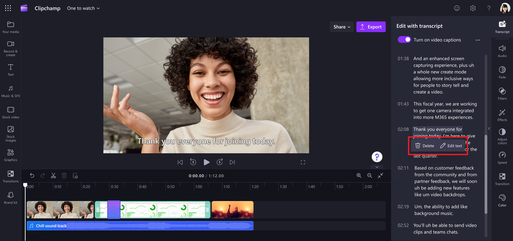 Jak przyciąć film? Teraz bezpośrednio w transkrypcji AI w Clipchamp
