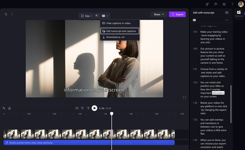 Jak przyciąć film? Teraz bezpośrednio w transkrypcji AI w Clipchamp
