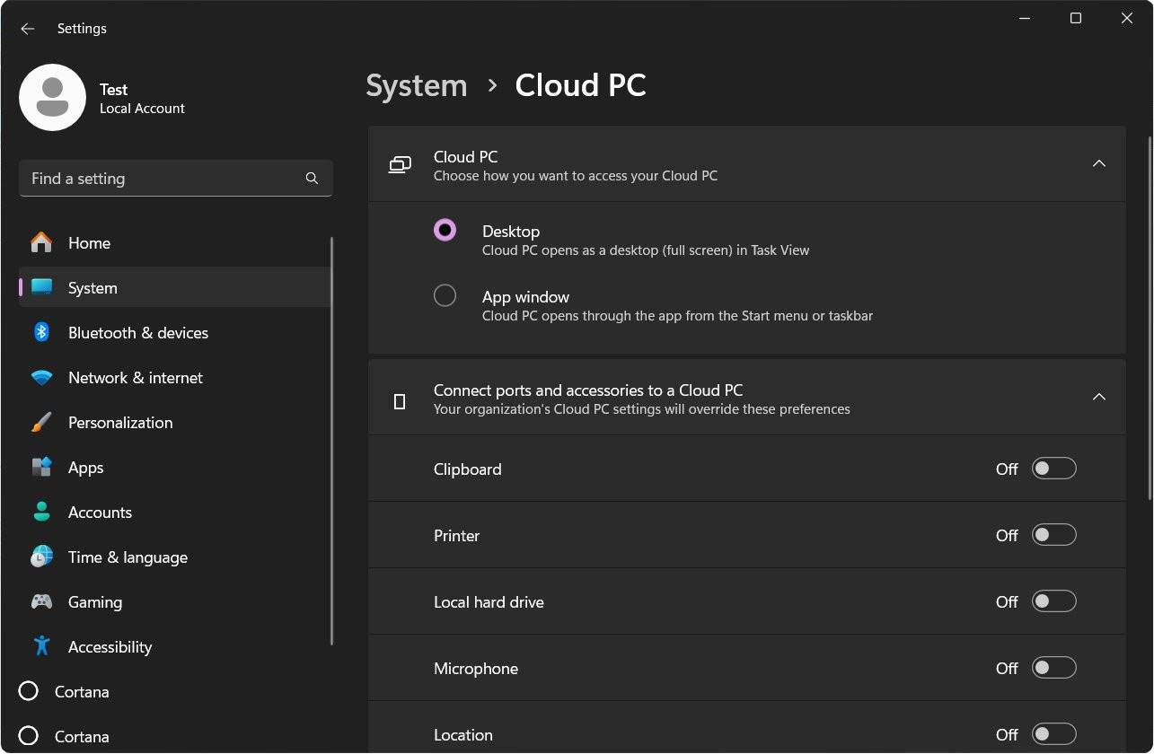 Windows 365 Cloud PC - Ustawienia w Windows 11