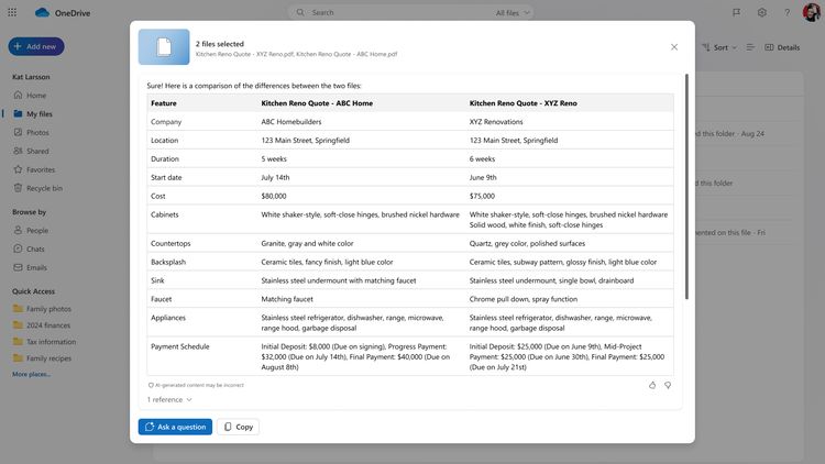 Porównywanie danych w plikach OneDrive z Copilotem