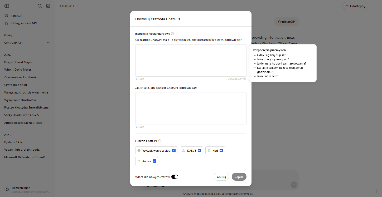 Dostosuj czatbota ChatGPT