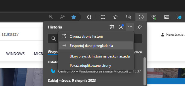 Eksportuj dane przeglądania w Edge