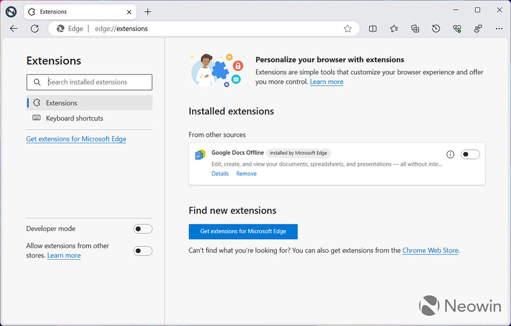 Edge bez wiedzy użytkownika instalował rozszerzenie Google Docs Offline